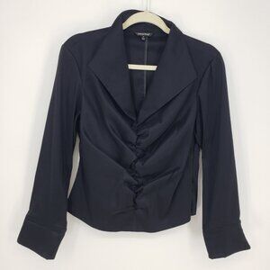 Samuel Dong Ruched Front Satin Taffeta Top M Long Sleeves Foldover Collar Black